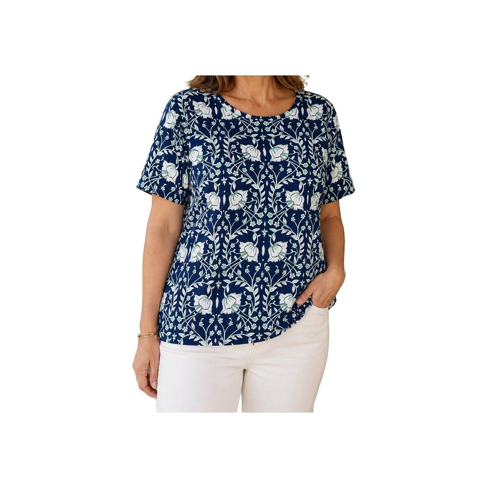 Talbots Blue Green Floral Print Tee Petite XL Cotton Stretch Short Sleeve